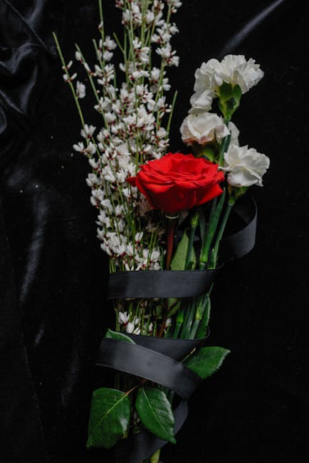 A floral arrangement featuring a single red rose with vibrant petals, accompanied by white eustoma flowers with ruffled petals and slender stems. Behind the main flowers, there are delicate, small whi