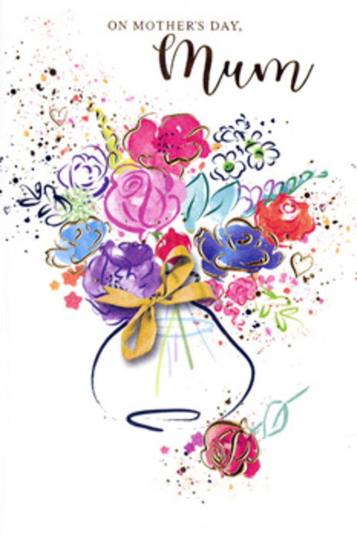 Expressive Mother's Day card artwork featuring a painterly bouquet that appears to bloom directly from the page, reminiscent of a florist's quick sketch turned into a finished watercolour painting. Central to the design is a loose cluster of flowers in energetic cerise, hot pink, and raspberry tones, blending into soft apricot, blush, and muted coral, all nestled among hints of cool blue and lavender. Deep indigo brushstrokes give the impression of stems, leaves, and petal outlines, creating structure without losing the dreamy, fluid feel of the watercolour. Delicate accents of gold glint along petal edges and swirl through the design, adding a subtle shimmer, as if the card has caught the golden light you might notice walking through Belvedere's side streets just before sunset. The bouquet rises from a simply rendered vase with gentle curves, its base wrapped in a stylised golden bow that suggests the care taken in tying a ribbon around a hand-tied bouquet at Florist Belvedere. Around the central arrangement, playful splatters and scattered heart shapes float in the white space, evoking confetti, shared laughter, and the tender chaos of family life. The mood feels both celebratory and intimate, a visual embrace that mirrors the gratitude and admiration often expressed on Mother's Day. Every colour choice and brushstroke seems thoughtfully placed, like a florist choosing each stem for meaning as well as beauty, creating an image that speaks of local warmth, personal connection, and the timeless bond between a Belvedere mum and her family.