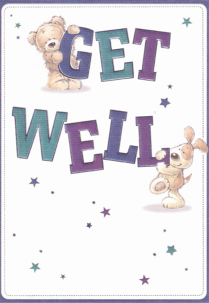 This get well card, cherished by families across Belvedere, paints a joyful tableau of compassion and hope. Two beloved animals, a smiling bear with softly textured fur and a floppy-eared pup who seems to bound with enthusiasm, collaborate to present a loving message of wellness. Playful stars-drawn in cheering tones of blue, purple, and teal-dance around them, filling the gentle, cream-toned background with optimism reminiscent of a bright spring morning enjoyed at Belvedere Recreation Ground. The bold typeface spells 'Get Well' in deep, lively shades that echo the inviting storefronts dotting Nuxley Road and evoke the modern spirit of today's arrangements. There is artistry in every brushstroke: the bear's fur appears plush enough to stroke; the puppy's ears seem to invite a reassuring pat. It's the kind of illustration that invites quiet smiles, embodying both innocence and genuine comfort. As a local florist, I see in this image the same careful balance that goes into creating a fresh bouquet for a friend in recovery-the sense of nurturing intention and warmth that lifts even the most subdued mood. Whether delivered to a neighbour near Lessness Heath or included with a bright posy from a trusted Belvedere shop, this card is a celebration of encouragement.